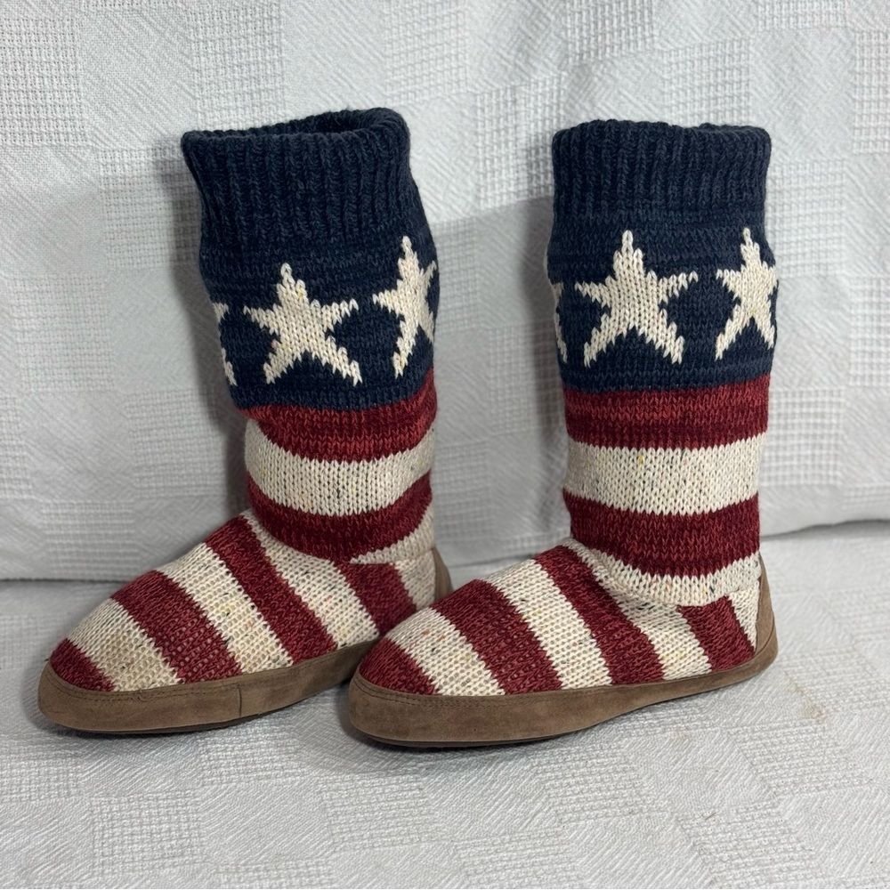 MUK LUKS STARS STRIPES CABLE KNIT BOOT SLIPPERS, WOMENS SZ LARGE 8/9 FLEECE LINE